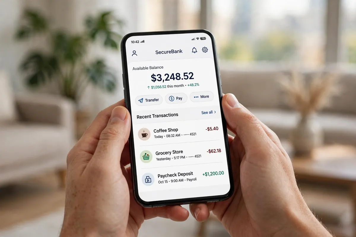 Hands holding a smartphone showing a mobile banking dashboard, illustrating online banking access through fmbankia.com