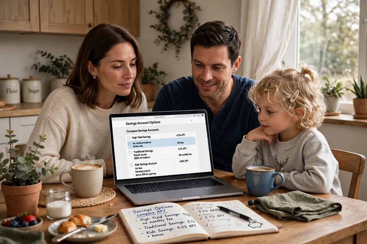 A family reviewing savings account options on a laptop at their kitchen table, like the accounts offered through fmbankia.com