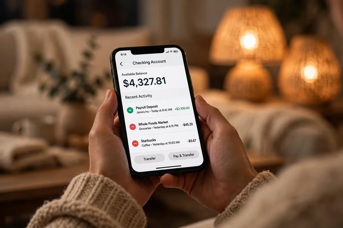 A person checking their bank account on a smartphone at home, showing mobile banking access through fnbnp.com
