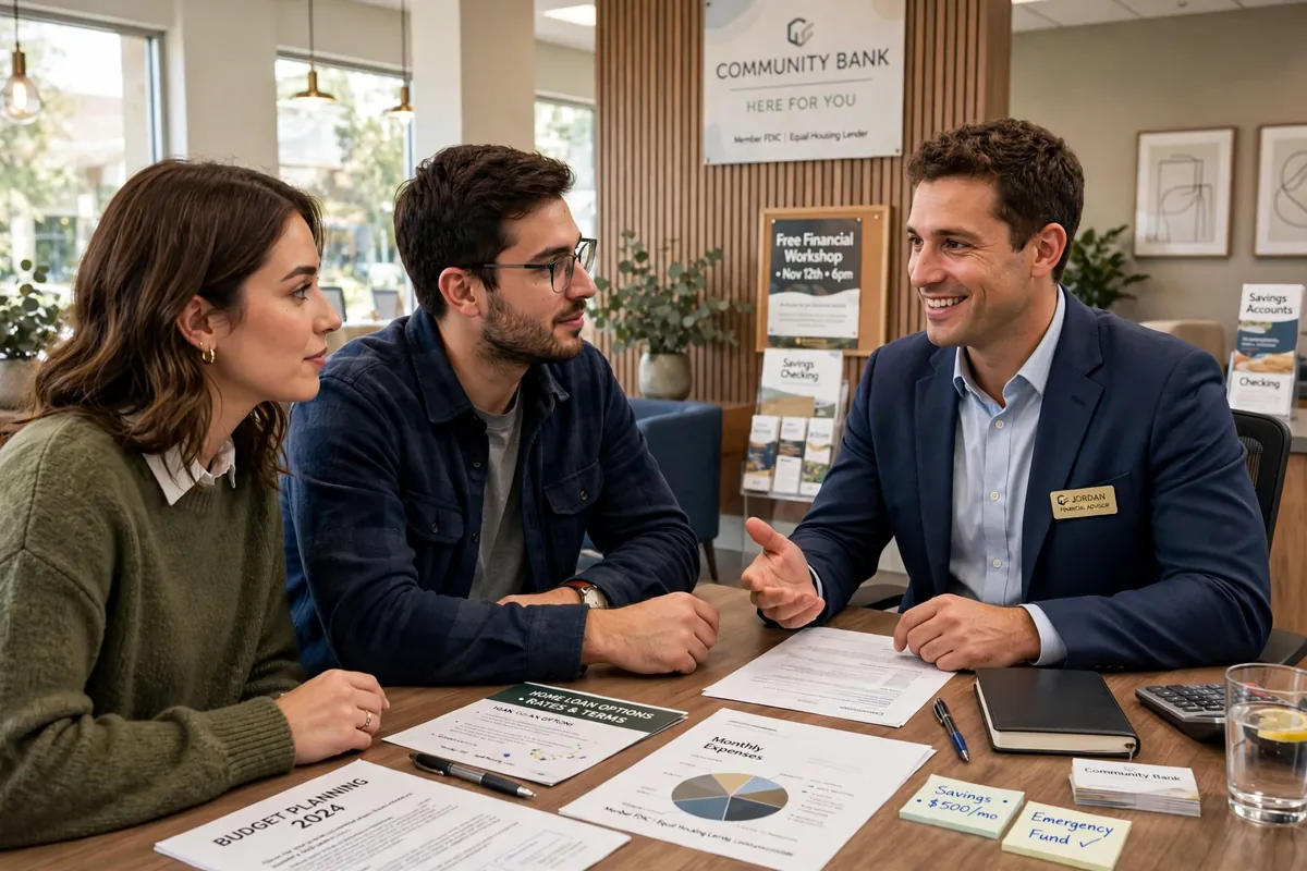 A couple discussing their finances with a friendly banker inside a bright community bank branch office