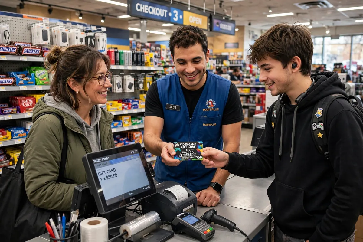 A parent and teenager buying an official game gift card at a retail store counter, a safe way to get Robux