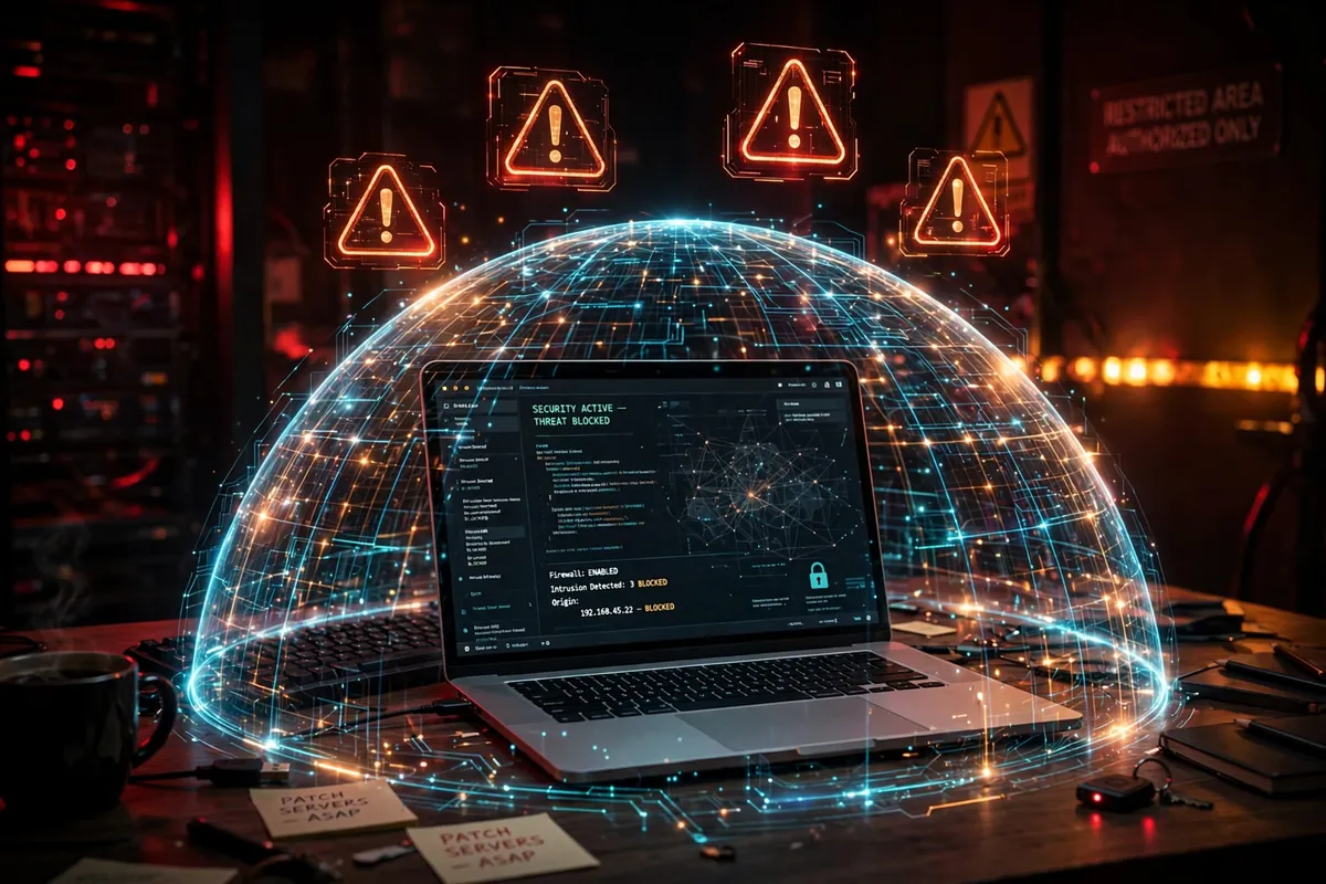 A laptop protected by a security shield with warning symbols, representing the red flags around irobux.com redeem