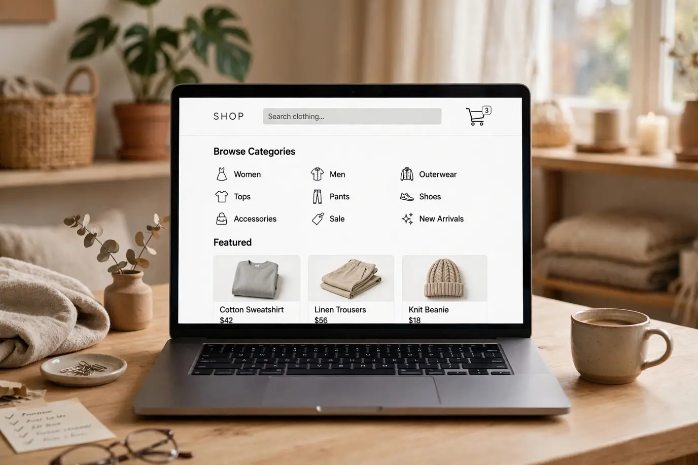 A laptop showing an online shopping site like JCPenney.com with clothing categories and a shopping cart