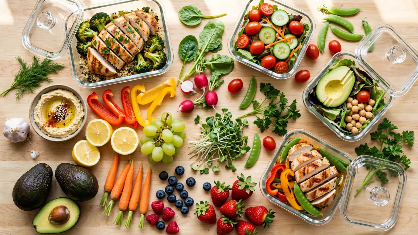 Bright meal prep scene with fresh vegetables, fruits, and healthy bowls — nutrition tips in the style of NutritionNC.com's wellness guidance