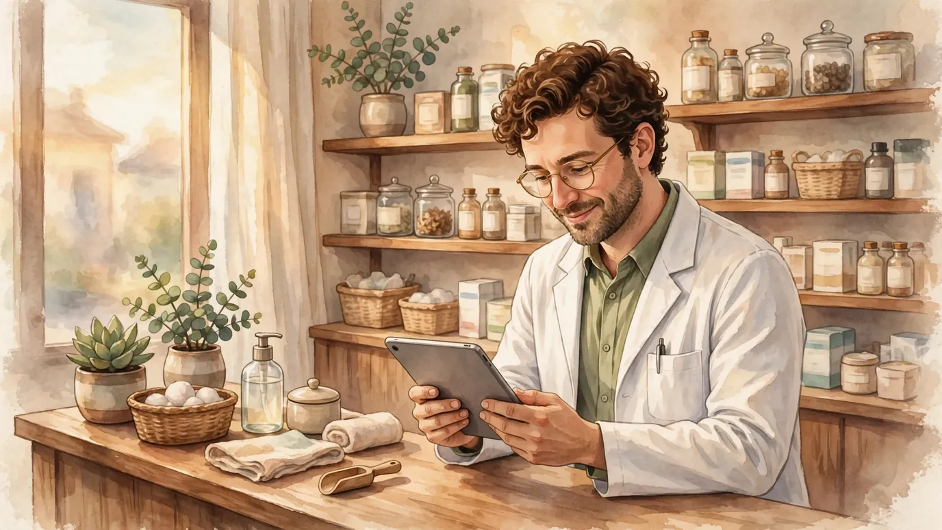 A pharmacist reviewing health information on a tablet, illustrating NutritionNC.com's medically reviewed editorial process