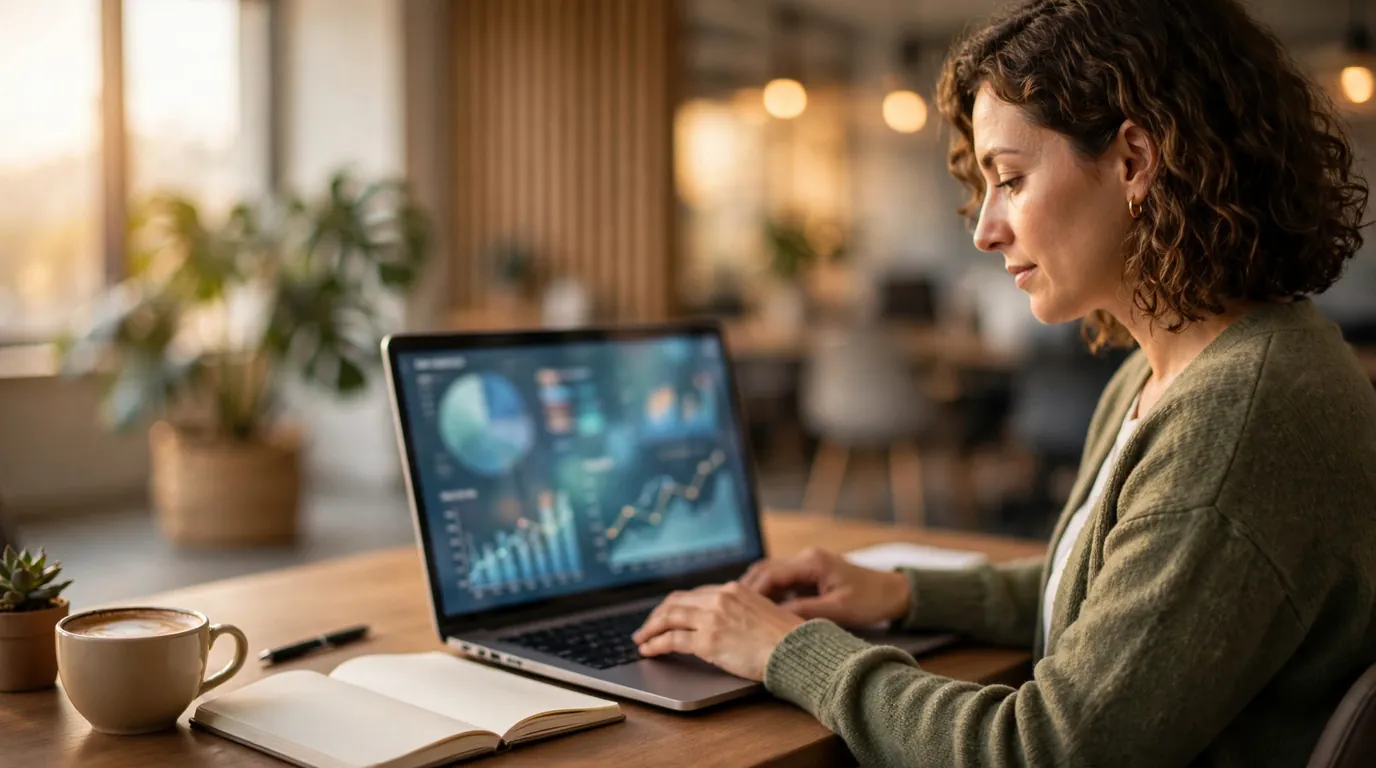 A person reviewing digital marketing analytics on a laptop in a warm modern office.