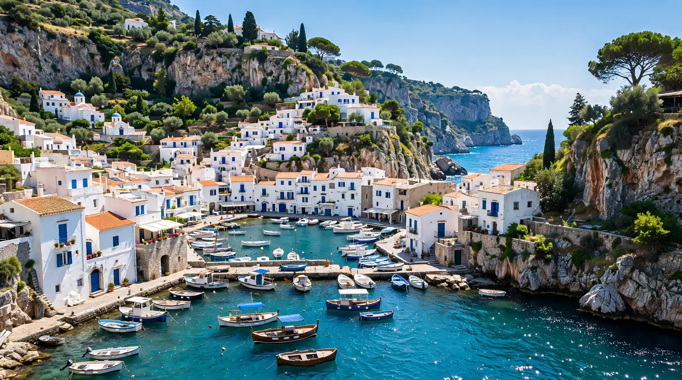 Scenic Mediterranean coastal town with white cliffside houses above turquoise water, the kind of destination covered in pkwys.com travel guides.