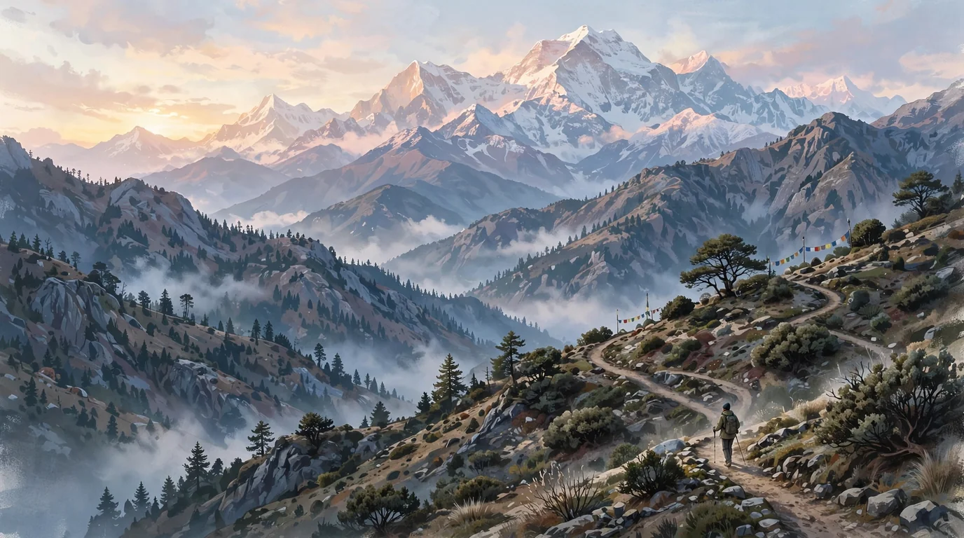 Himalayan trekking scene with snow-capped peaks, evoking RashyWings.com's travel guides like the Kedarkantha Trek article.