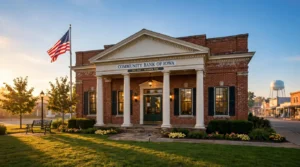 A welcoming small-town community bank building in Iowa at sunrise, representing F&M Bank behind fmbankia.com