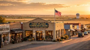 A friendly community bank branch on a Nebraska main street at golden hour, representing First National Bank North Platte behind fnbnp.com