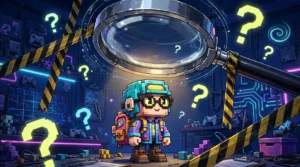 A blocky game avatar examined under a magnifying glass, illustrating a close review of irobux.com redeem claims