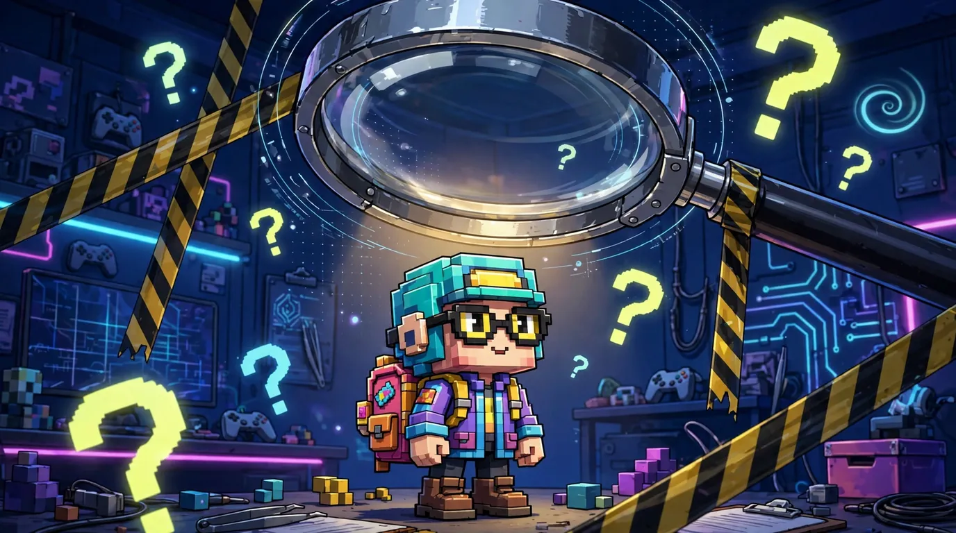 A blocky game avatar examined under a magnifying glass, illustrating a close review of irobux.com redeem claims