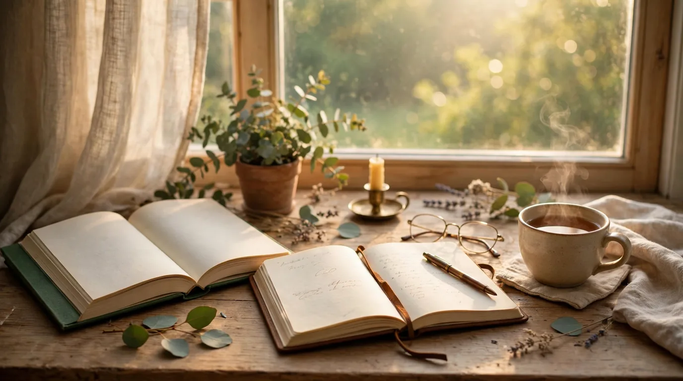 An open book of quotes with a journal and warm morning light — the kind of daily reading IzQuotes.com curates