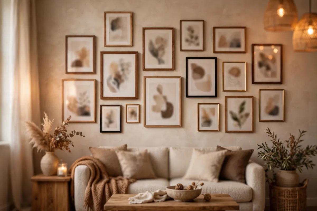 A gallery wall of framed picture quotes and motivational prints in a modern living room