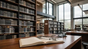 A grand medical research library with rows of journals — home to the JAMA Network collection