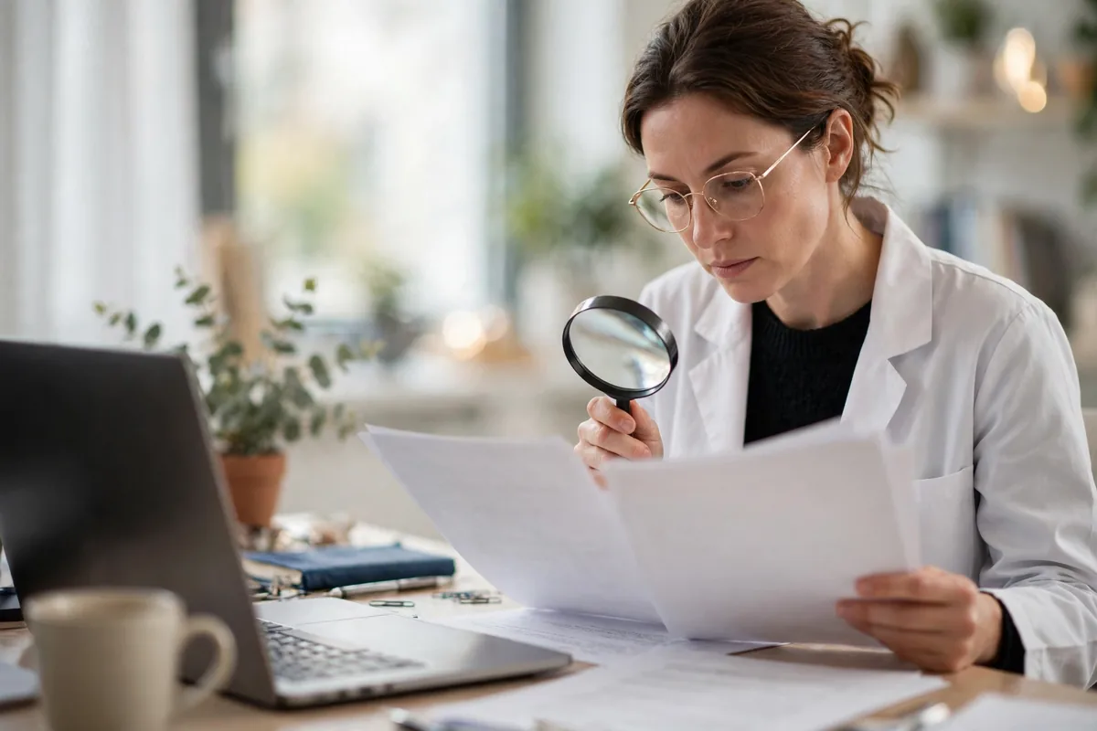 A medical researcher in a white coat carefully reviewing clinical research papers