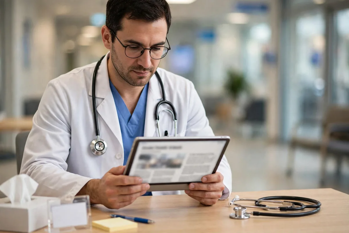 A doctor reading a medical journal article on a tablet at a clinic desk
