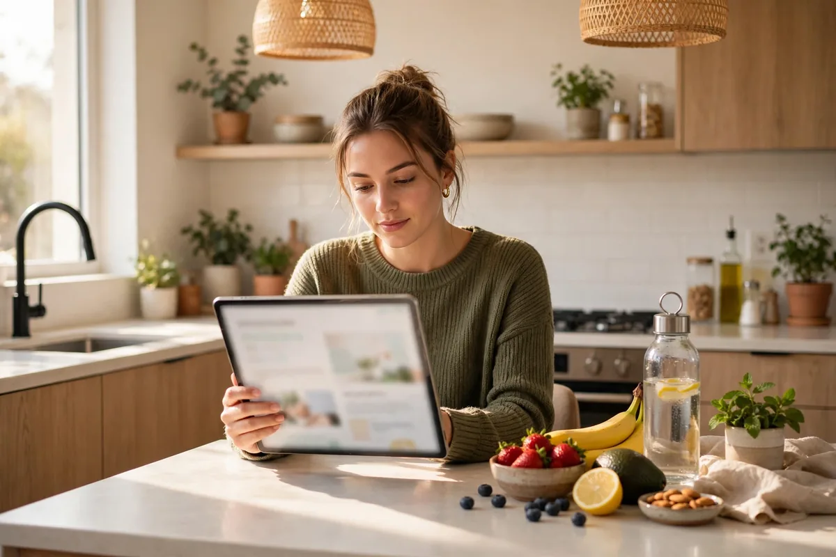 Reading health and wellness articles on a tablet in a bright modern kitchen
