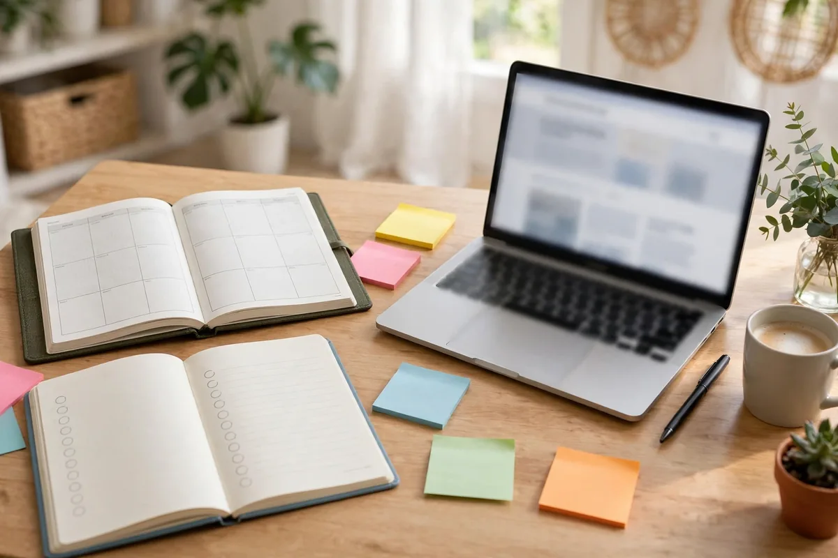 An organized writing desk with a planner and notebook for building a daily journaling habit