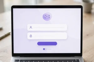 A laptop showing the mail.yahoo.com webmail login screen with a sign-in form