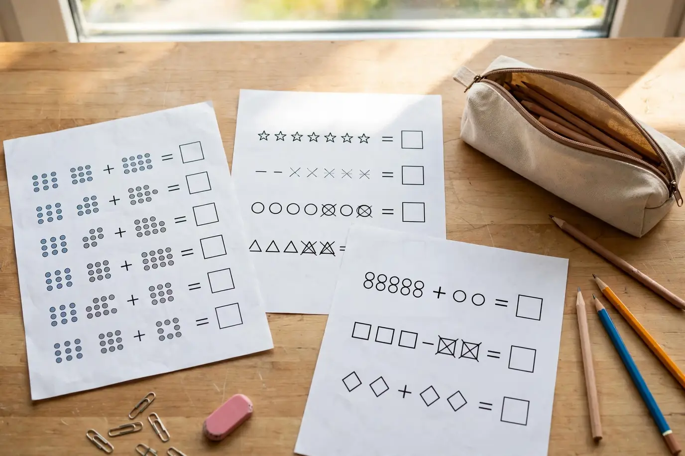 Printed math worksheets with practice problems and pencils on a desk, like the free printables from mathworksheetsgo.com