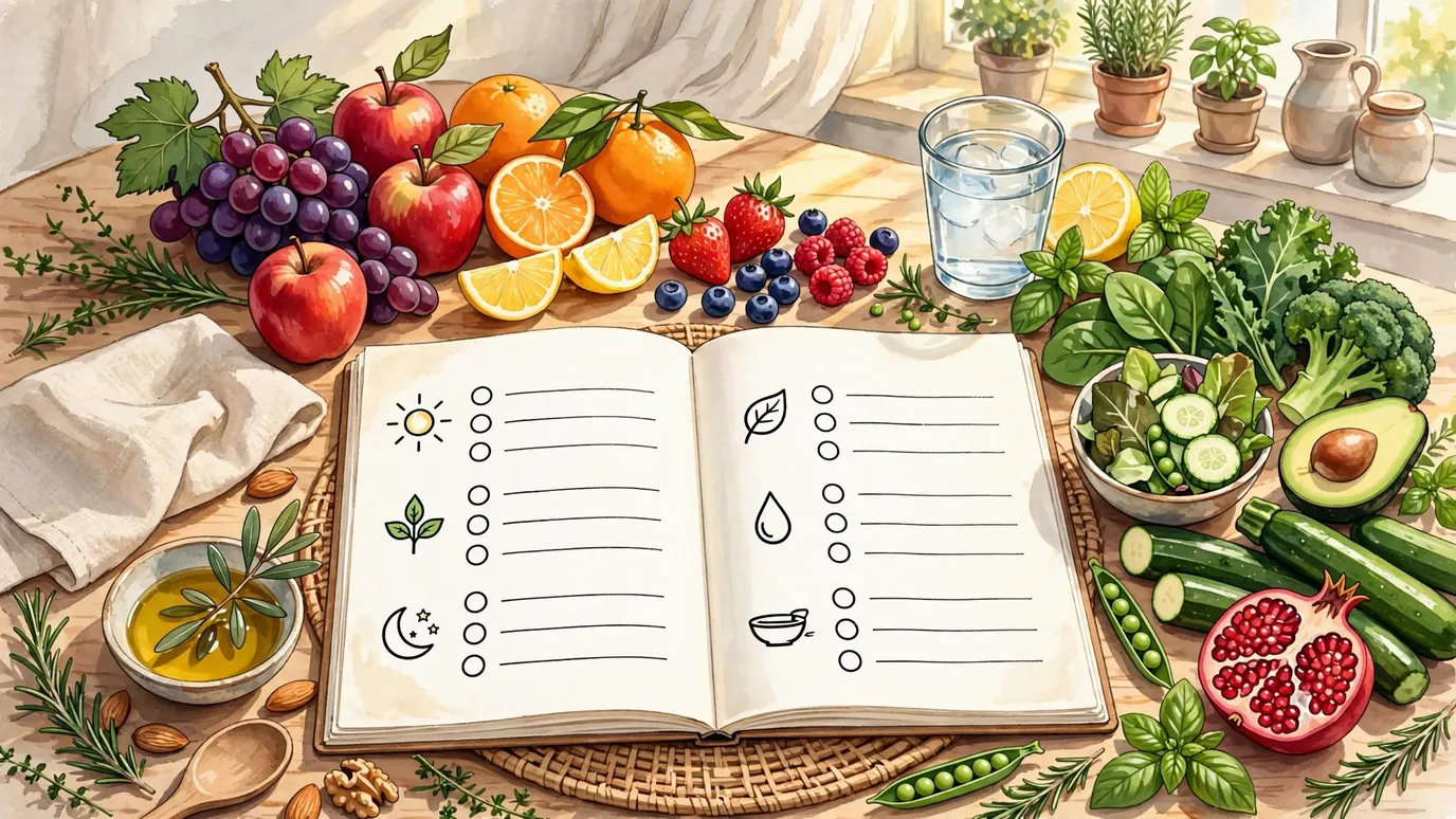 Bright editorial illustration of healthy nutrition and wellness planning with fresh fruits, vegetables, and a meal plan notebook