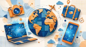 Editorial collage illustration of travel and technology themes, an airplane circling a globe beside a laptop and smartphone.