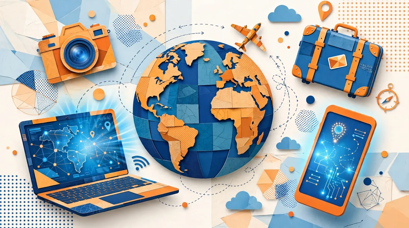 Editorial collage illustration of travel and technology themes, an airplane circling a globe beside a laptop and smartphone.