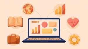Editorial illustration of a multi-topic online magazine with travel, finance, health and tech icons around a laptop.