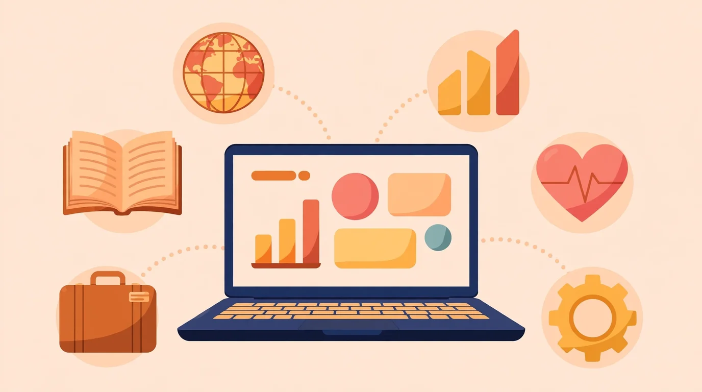 Editorial illustration of a multi-topic online magazine with travel, finance, health and tech icons around a laptop.