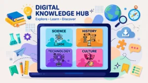 Colorful editorial illustration representing the TuDiscovery.com general knowledge platform, a gateway to fun facts and everyday learning.